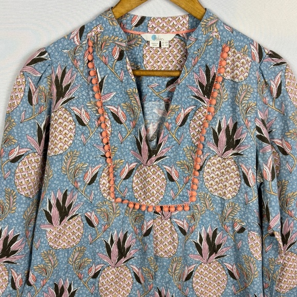 Boden Women LongSleeve Linen Shift Mini Dress Sz 6R Pineapples Beachy Breathable - Picture 2 of 11